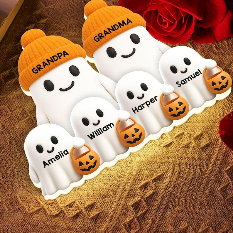 Personalized Halloween Ghost Family Acrylic Light Box, Custom Name Ghost Statue, Grandma and Grandpa Ghost Gift