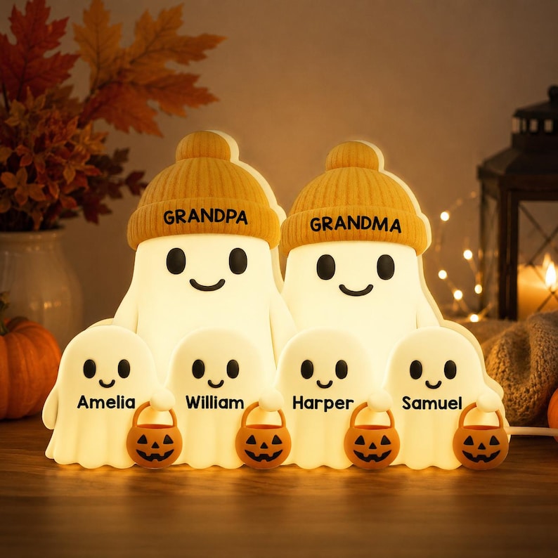 Personalized Halloween Ghost Family Acrylic Light Box, Custom Name Ghost Statue, Grandma and Grandpa Ghost Gift