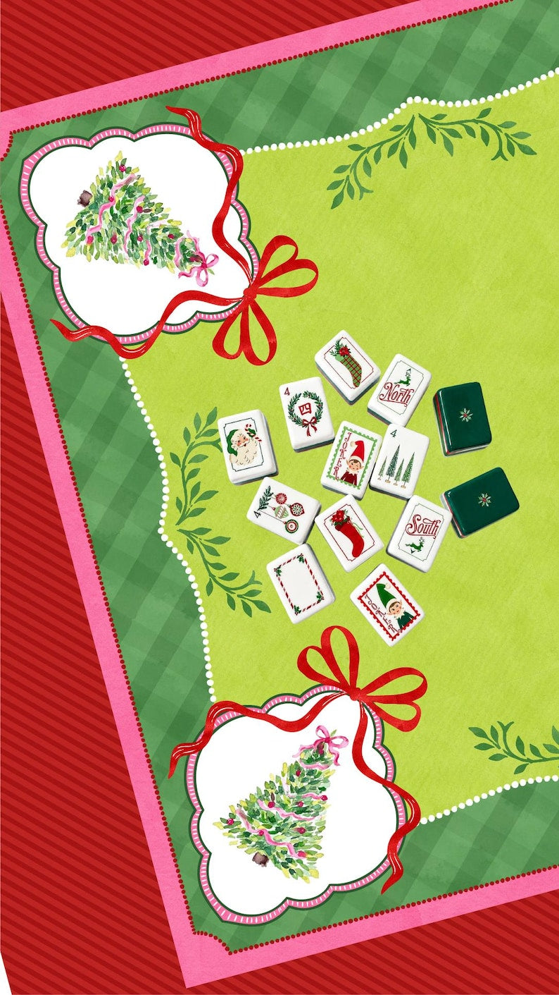Watercolor Christmas Tree Mahjong Mat, Pink Green Red Holiday, Preppy Holiday Decor, Grandmillennial Mahjong Gift