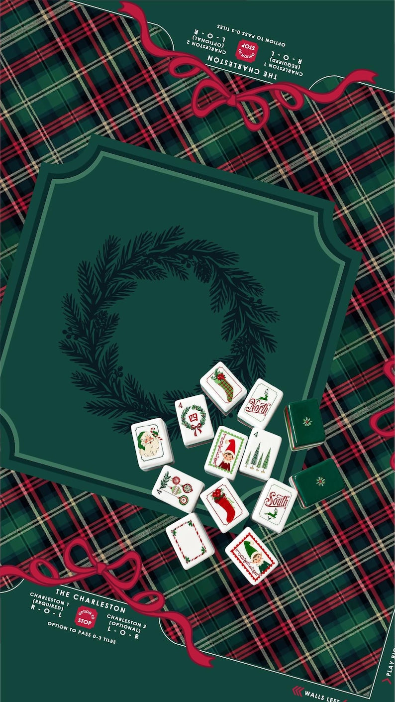 Evergreen & Tartan Mahjong Mat, Holiday with Red Ribbon Bows, Christmas Game Table Decor, Preppy Holiday Mahjong Gift