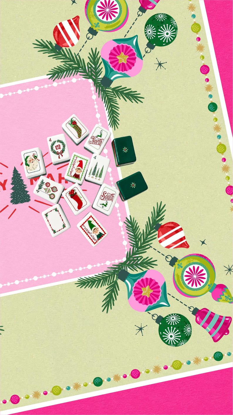 Very Merry Mahj Mahjong Mat, Pink Christmas Mahjong Decor, Retro Holiday Game Night, Festive Mahj Collection