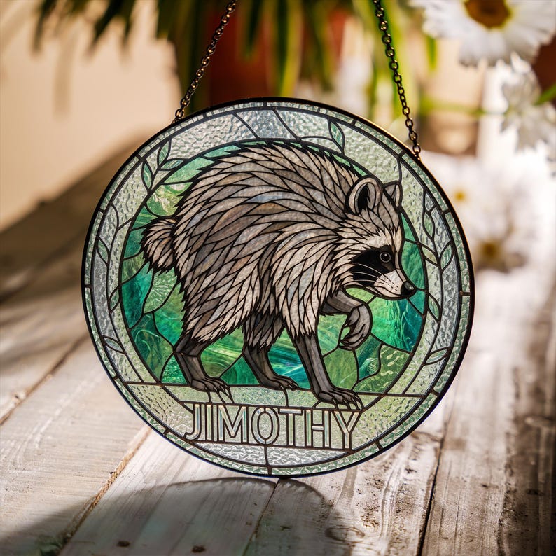 Jimothy Raccoon Stained Glass Suncatcher, Viral Seattle Meme Decor, Cute Raccoon Ornament, Gift for Animal Lover