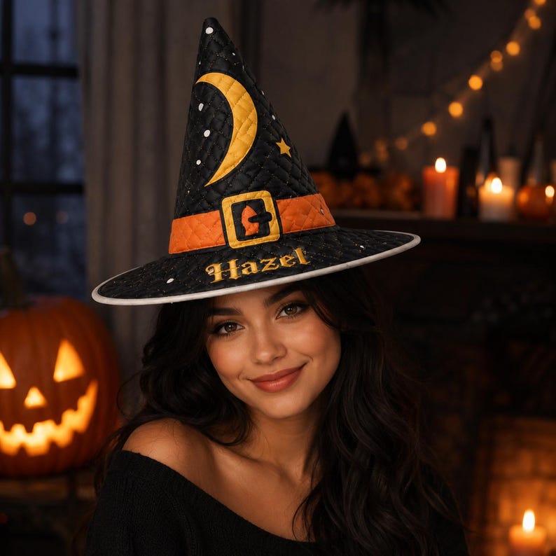 Personalized Quilted Witch Hat, Custom Name Vintage Halloween Hat, Retro Patchwork Witch Costume Hat