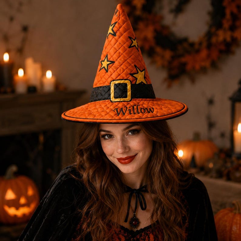 Personalized Quilted Witch Hat, Custom Name Vintage Halloween Hat, Retro Patchwork Witch Costume Hat