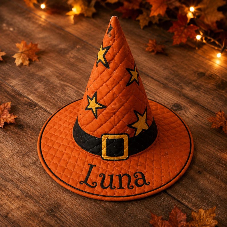 Personalized Quilted Witch Hat, Custom Name Vintage Halloween Hat, Retro Patchwork Witch Costume Hat