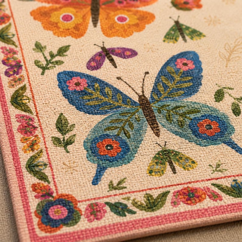 Butterfly Garden Mahjong Mat, Colorful Folk Art Floral Mahjong Table Mat, Whimsical Botanical Game Mat