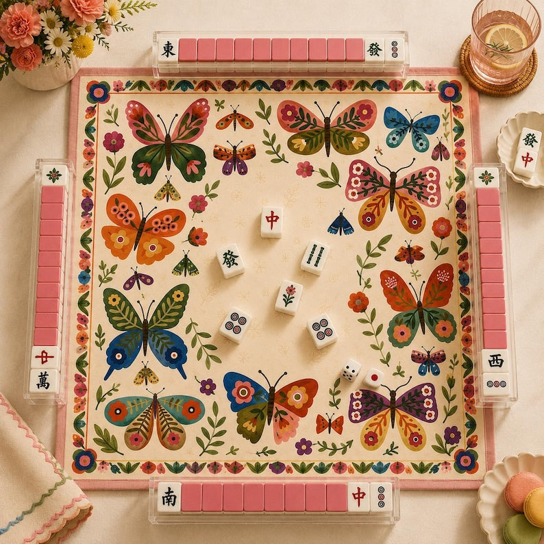 Butterfly Garden Mahjong Mat, Colorful Folk Art Floral Mahjong Table Mat, Whimsical Botanical Game Mat