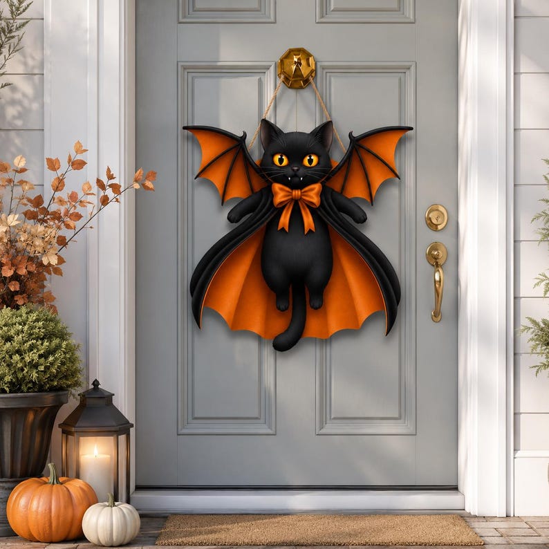 Halloween Black Cat Vampire Bat Wooden Sign, Spooky Witch Cat Sign, Halloween Front Door Decor, Gothic Wall Decor