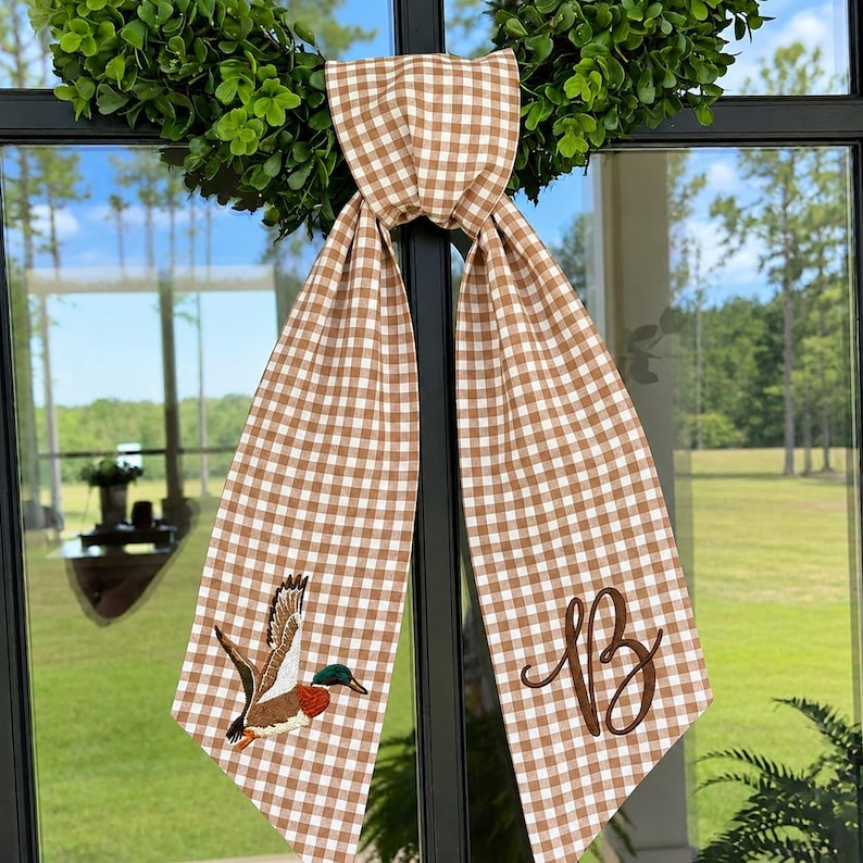 Embroidered Mallard Duck Gingham Wreath Sash, Personalized Monogram Stripe Door Bow, Home Decor, Hunting Wreath Sash