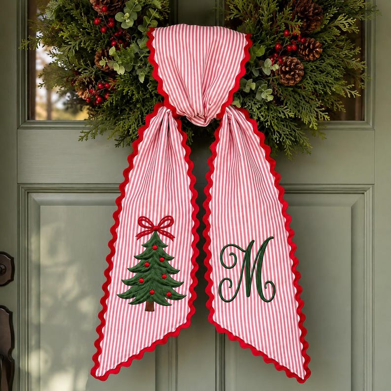 Personalized Christmas Tree Wreath Sash, Pink Stripe Monogram Door Bow, Embroidered Holiday Front Door Decor