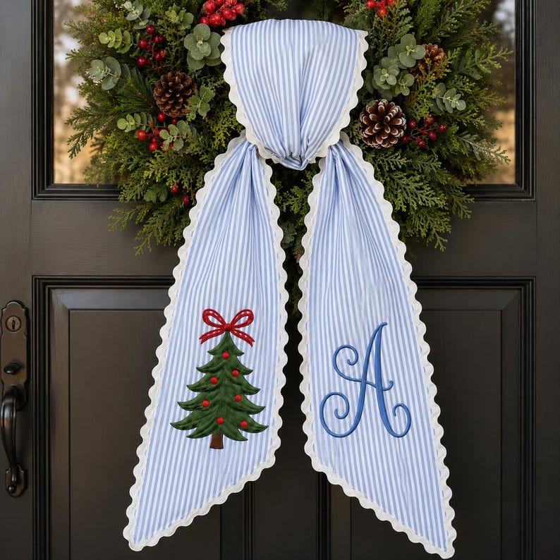 Personalized Christmas Tree Wreath Sash, Pink Stripe Monogram Door Bow, Embroidered Holiday Front Door Decor