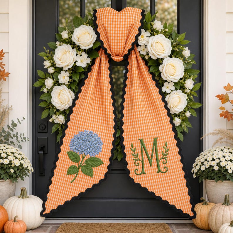 Personalized Hydrangea Wreath Sash, Blue Gingham Monogram Door Decor, Embroidered Initial Wreath Accessory