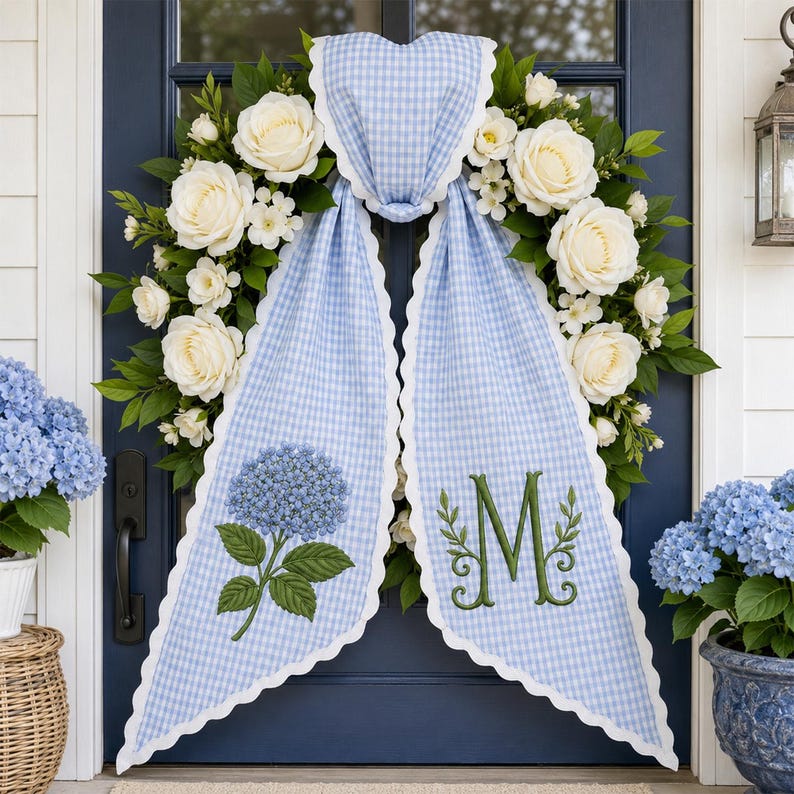 Personalized Hydrangea Wreath Sash, Blue Gingham Monogram Door Decor, Embroidered Initial Wreath Accessory
