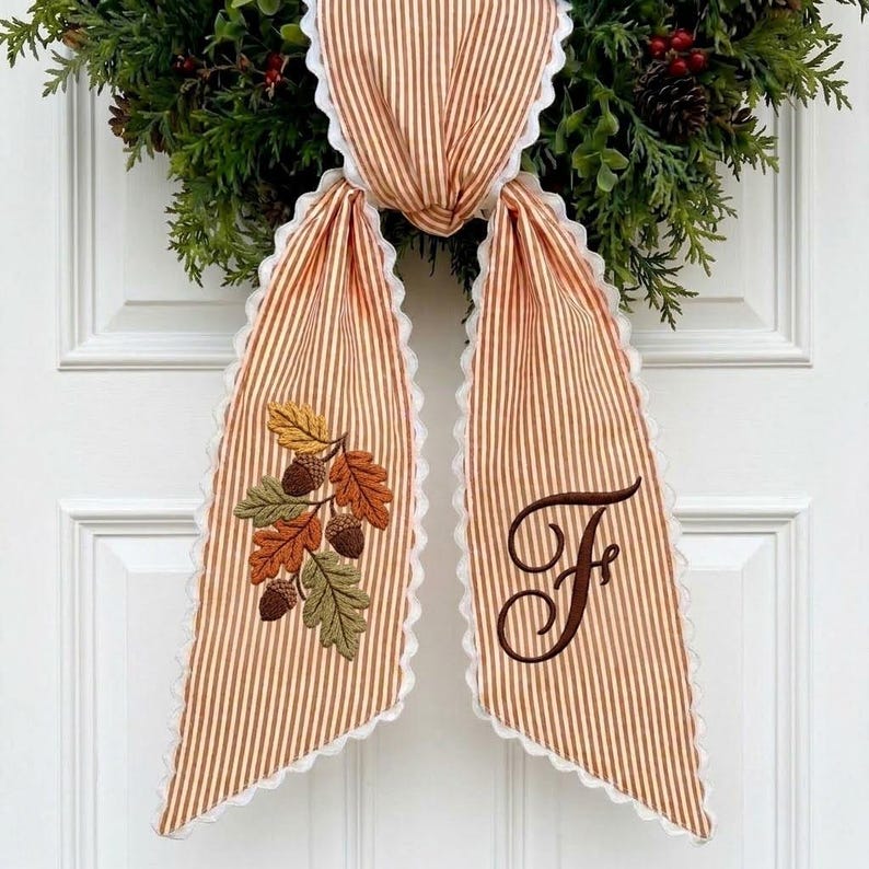 Embroidered Acorn Wreath Sash, Monogram Fall Ribbon, Custom Autumn Door Decor
