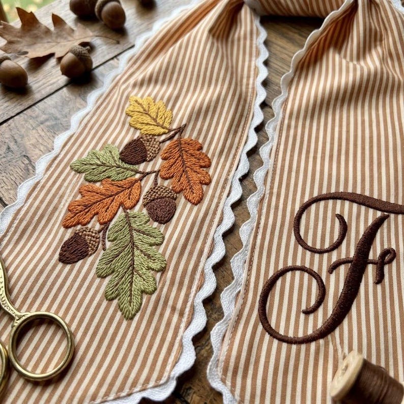 Embroidered Acorn Wreath Sash, Monogram Fall Ribbon, Custom Autumn Door Decor
