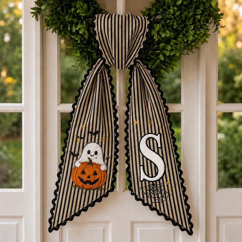 Personalized Ghost Wreath Sash, Custom Halloween Door Bow, Embroidered Monogram Wreath Bow