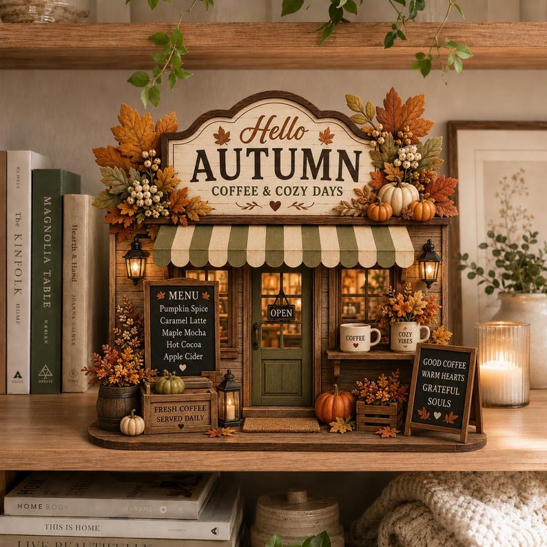 Autumn Coffee Shop Shelf Sitter, Fall Farmhouse Coffee Bar Decor, Rustic Pumpkin Wooden Storefront Sign, Cozy Autumn Tiered Tray Decor