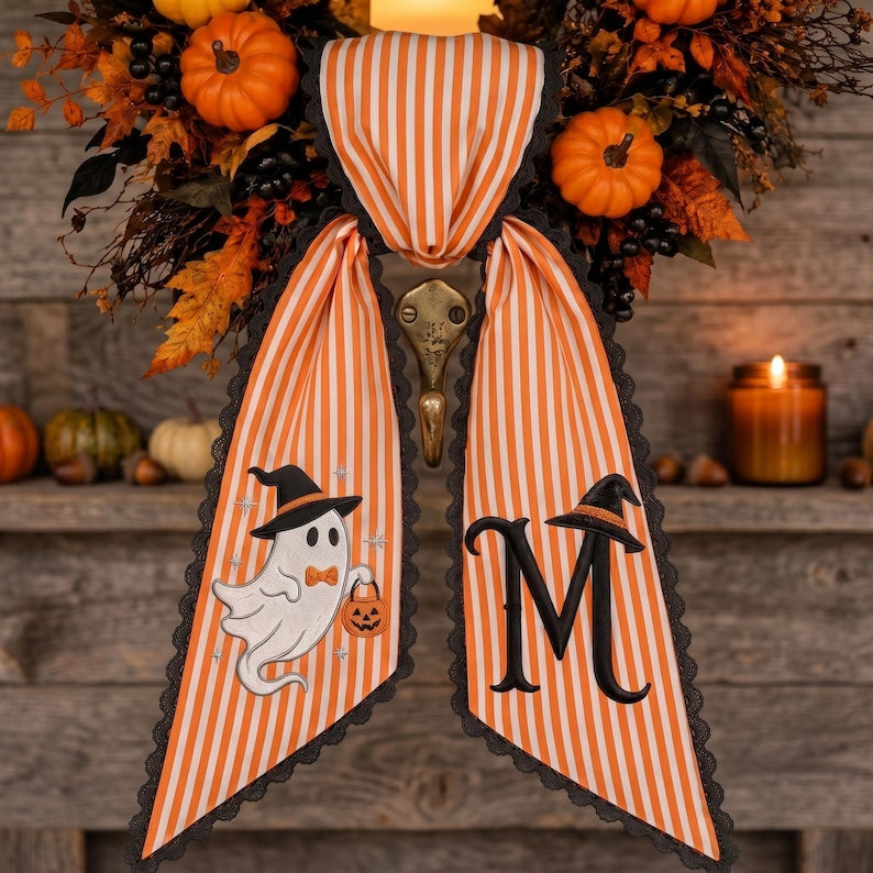 Custom Embroidery Halloween Witch Ghost Sash, Embroidery Monogram Spooky Bow, Custom Name Gingham Ribbon
