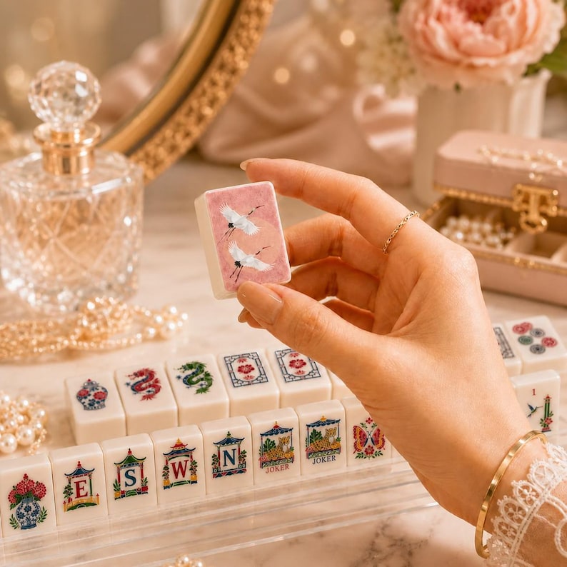 Pink Chinoiserie Crane Mahjong Tiles Included Box, Luxury American Mahjong Tiles, Asian Heritage Mahjong