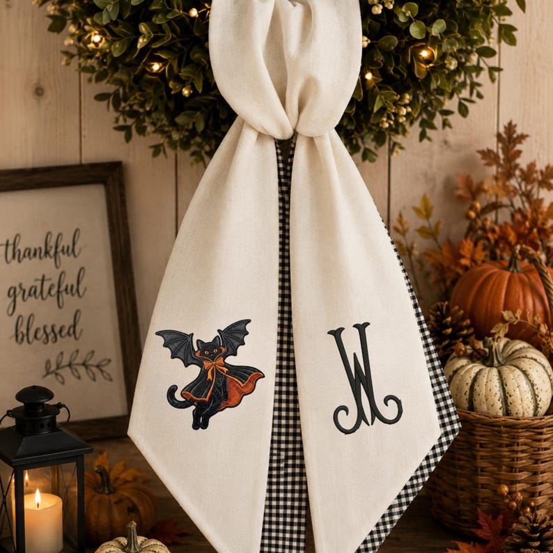 Personalized Black Cat Halloween Wreath Sash, Embroidered Monogram Door Sash, Spooky WreathBow