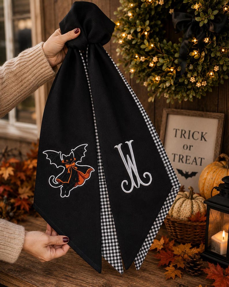 Personalized Black Cat Halloween Wreath Sash, Embroidered Monogram Door Sash, Spooky WreathBow