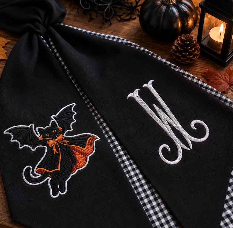 Personalized Black Cat Halloween Wreath Sash, Embroidered Monogram Door Sash, Spooky WreathBow