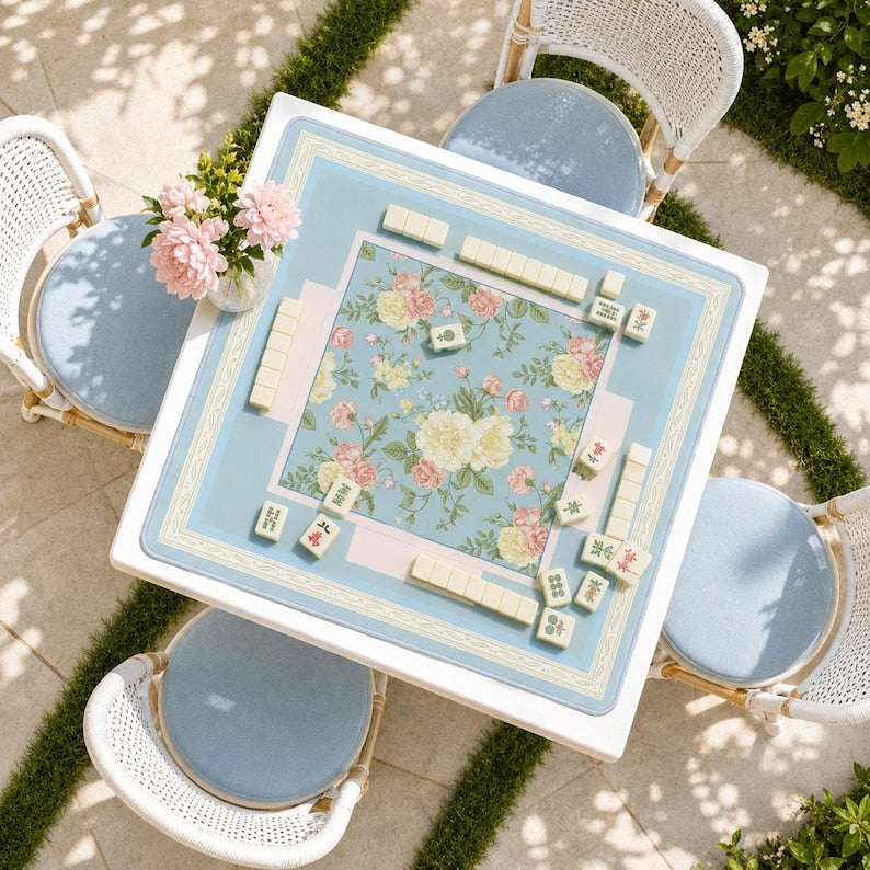 Mahjong Mat Floral Blue Mahjong Table Mat American Mahjong Game Mat Chinoiserie Style Game Night Decor