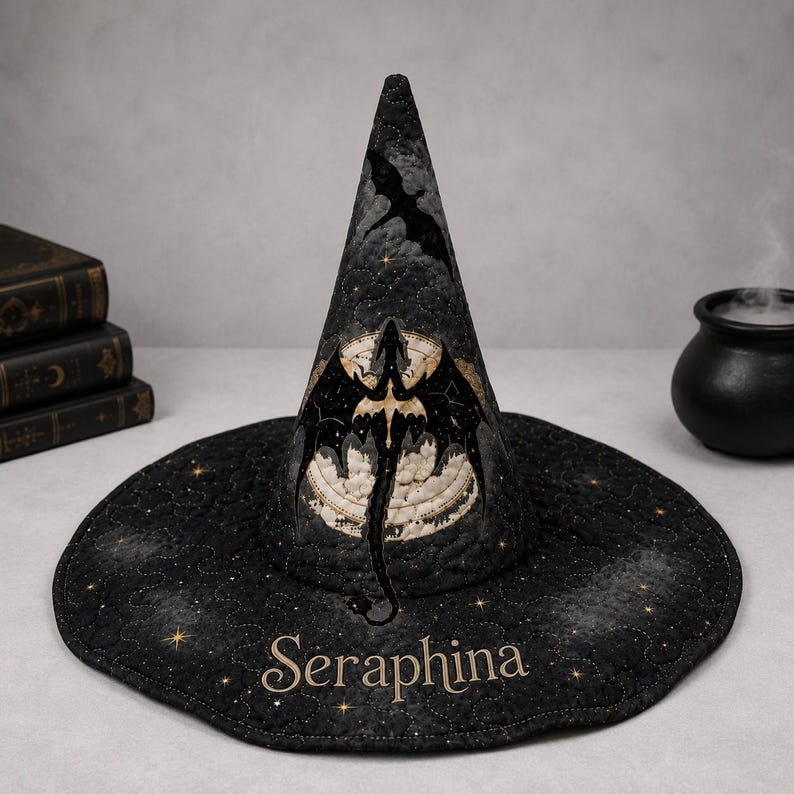 Personalized Witch Hat, Custom Name Halloween Hat, Quilted Wide Brim Witch Costume, Black Gothic Wizard Hat