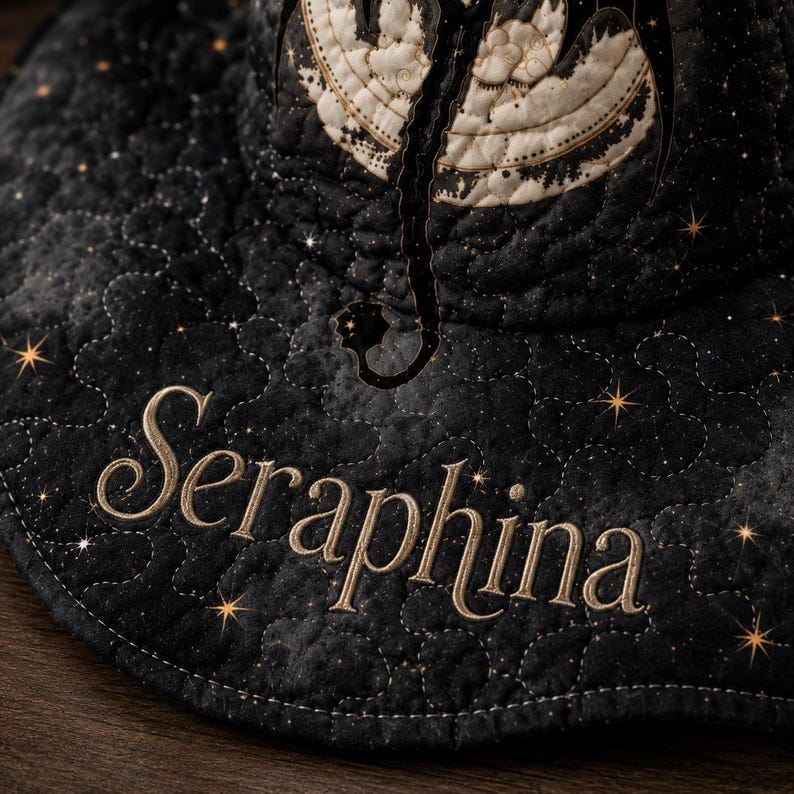 Personalized Witch Hat, Custom Name Halloween Hat, Quilted Wide Brim Witch Costume, Black Gothic Wizard Hat