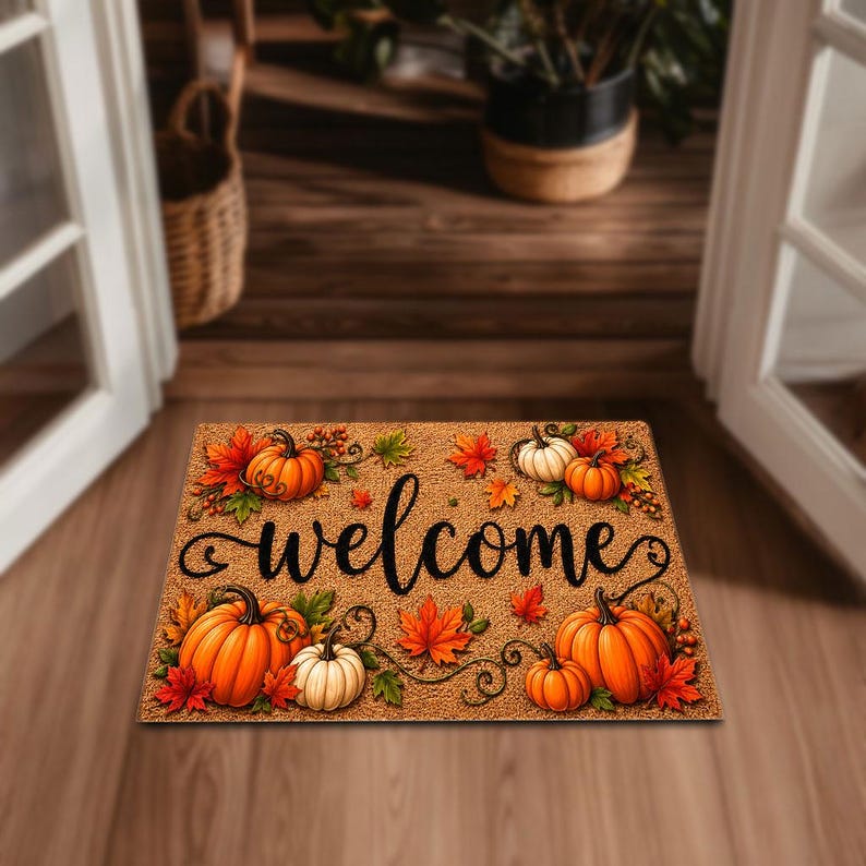 Fall Welcome Coir Doormat, Pumpkins and Leaves Design