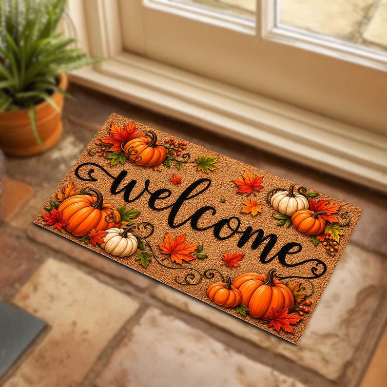 Fall Welcome Coir Doormat, Pumpkins and Leaves Design