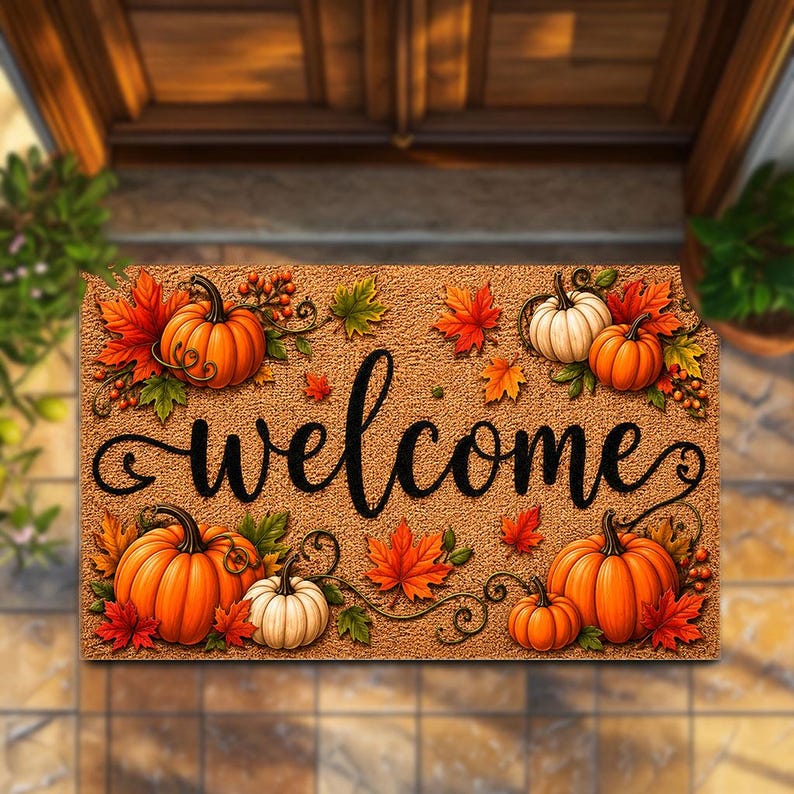 Fall Welcome Coir Doormat, Pumpkins and Leaves Design