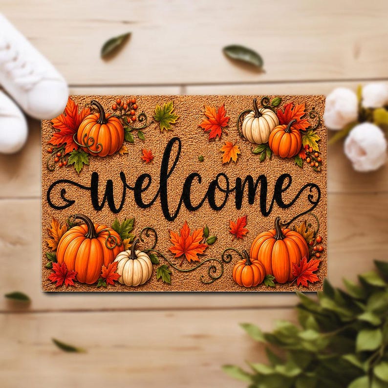 Fall Welcome Coir Doormat, Pumpkins and Leaves Design