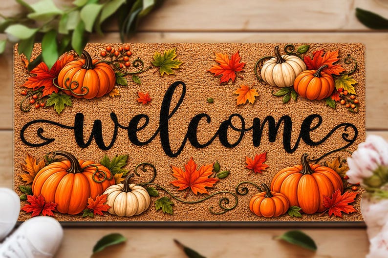 Fall Welcome Coir Doormat, Pumpkins and Leaves Design