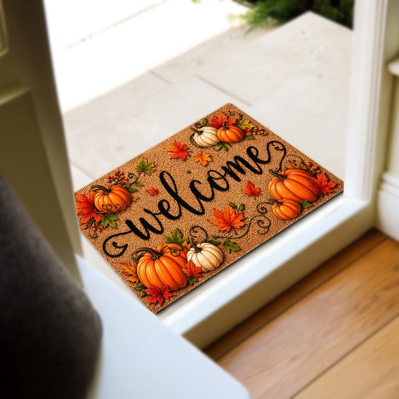 Fall Welcome Coir Doormat, Pumpkins and Leaves Design