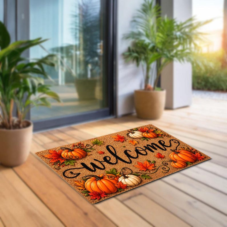 Fall Welcome Coir Doormat, Pumpkins and Leaves Design