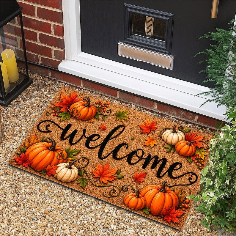 Fall Welcome Coir Doormat, Pumpkins and Leaves Design