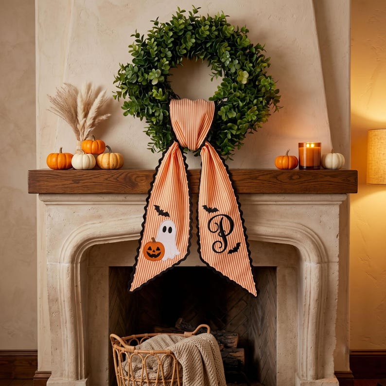 Custom Embroidery Halloween Ghost With Bat Name Sash, Embroidery Monogram Spooky Bow