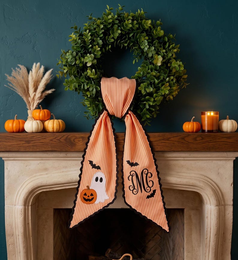 Custom Embroidery Halloween Ghost With Bat Name Sash, Embroidery Monogram Spooky Bow