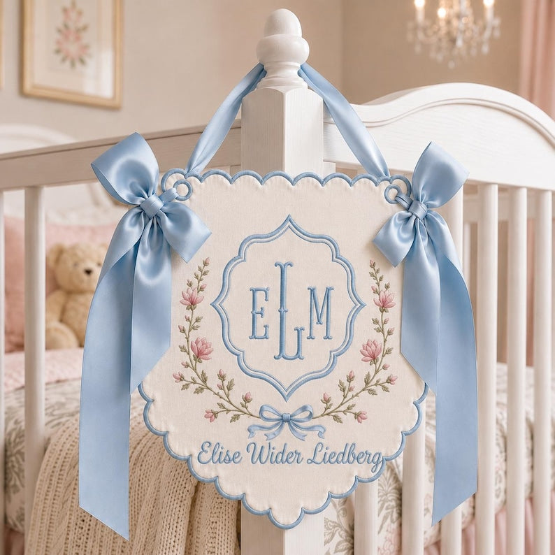 Personalized Baby Hospital Banner, Embroidered Monogram Newborn Name Sign, Floral Nursery Decor, Baby Shower Keepsake Gift