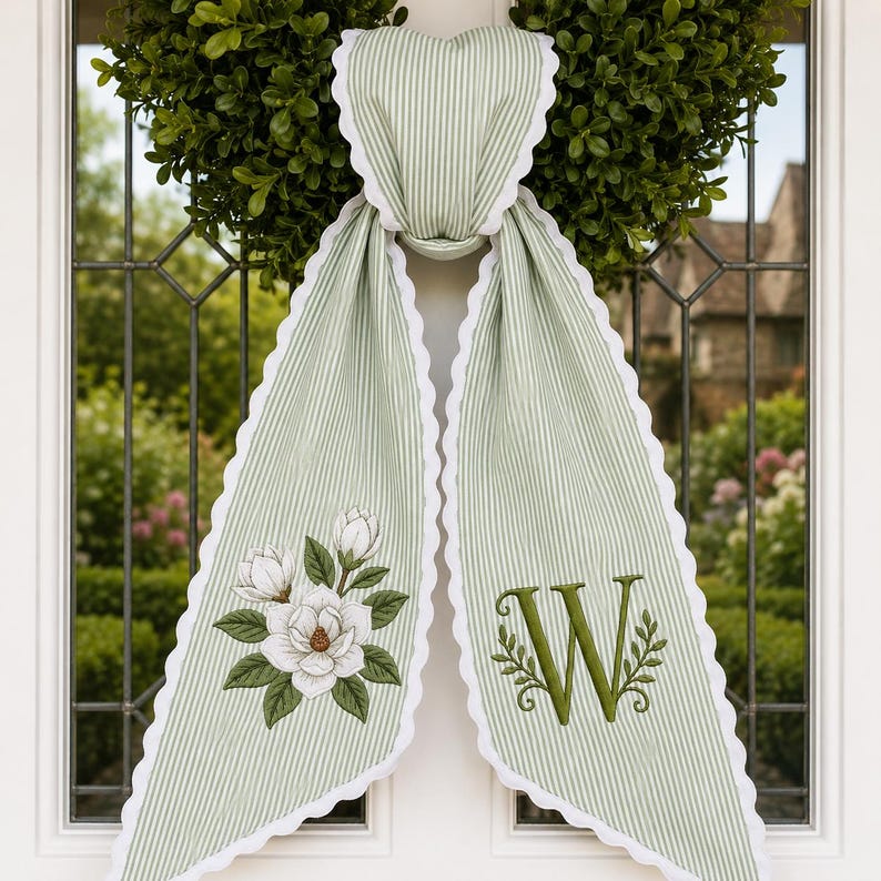 Custom Embroidery Magnolia Wreath Sash, Personalize Monogram Bow Wedding Decor, Floral Ticking Stripe Ribbon