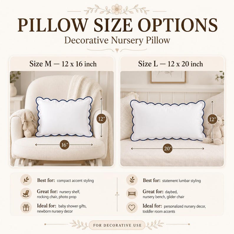 Personalized Monogram Pillow Cover, Custom Embroidered Initial Pillow, Scalloped Trim Pillowcase, Dorm Room Pillow