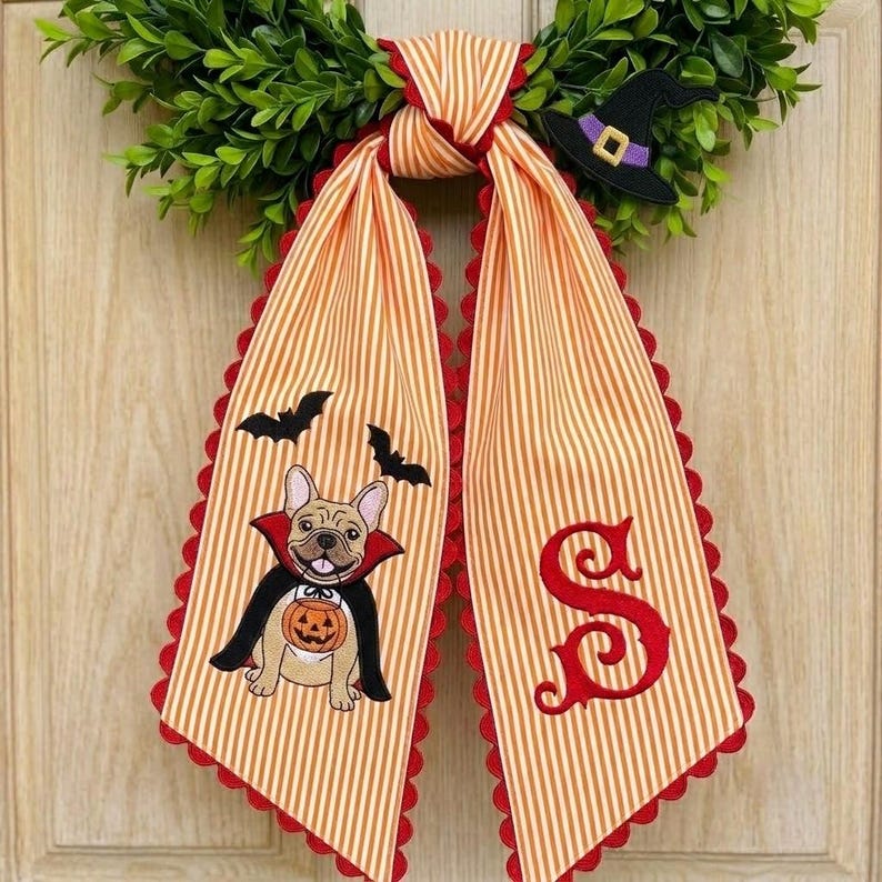 Personalized Halloween Dog Wreath Sash, Custom French Bulldog Embroidered Door Bow, Spooky Autumn Home Decor