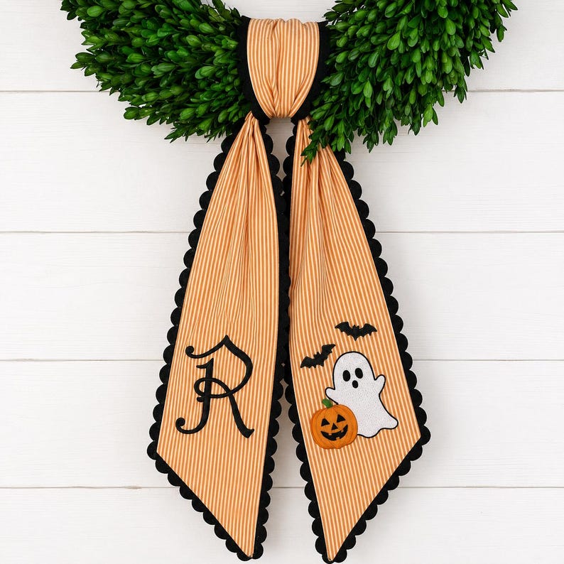 Personalized Halloween Wreath Sash, Ghost Door Sash, Custom Name Embroidered Holiday Decor