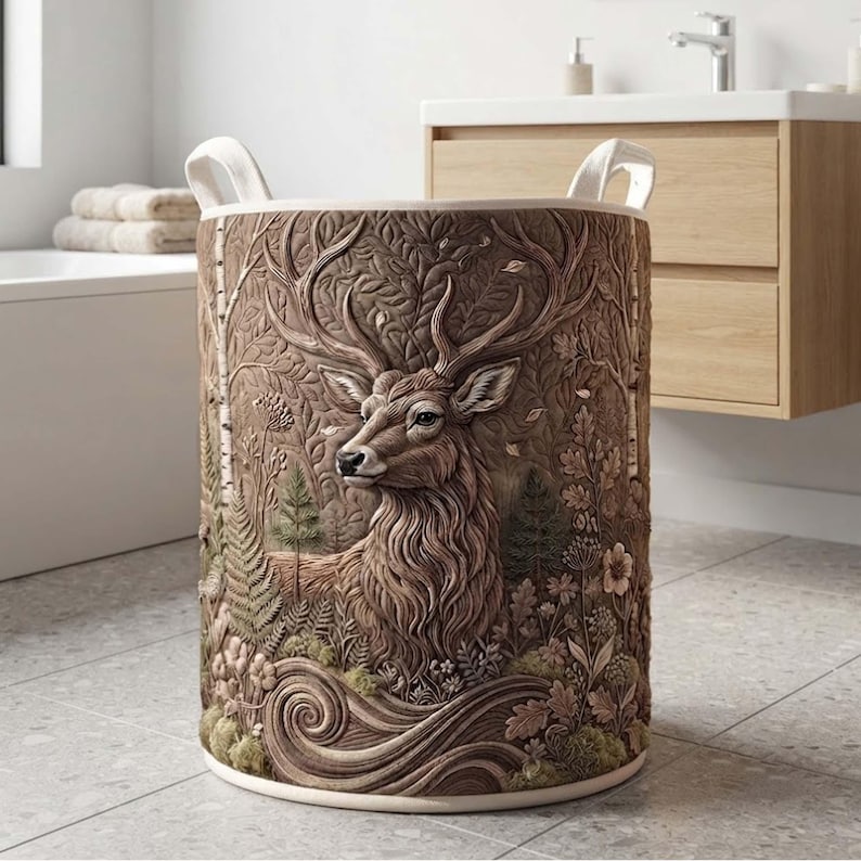 Woodland Deer Quilted Laundry Basket, Forest Wildlife Hamper, Wilderness Nature Basket
