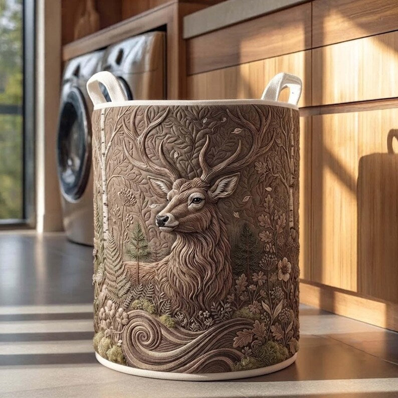 Woodland Deer Quilted Laundry Basket, Forest Wildlife Hamper, Wilderness Nature Basket