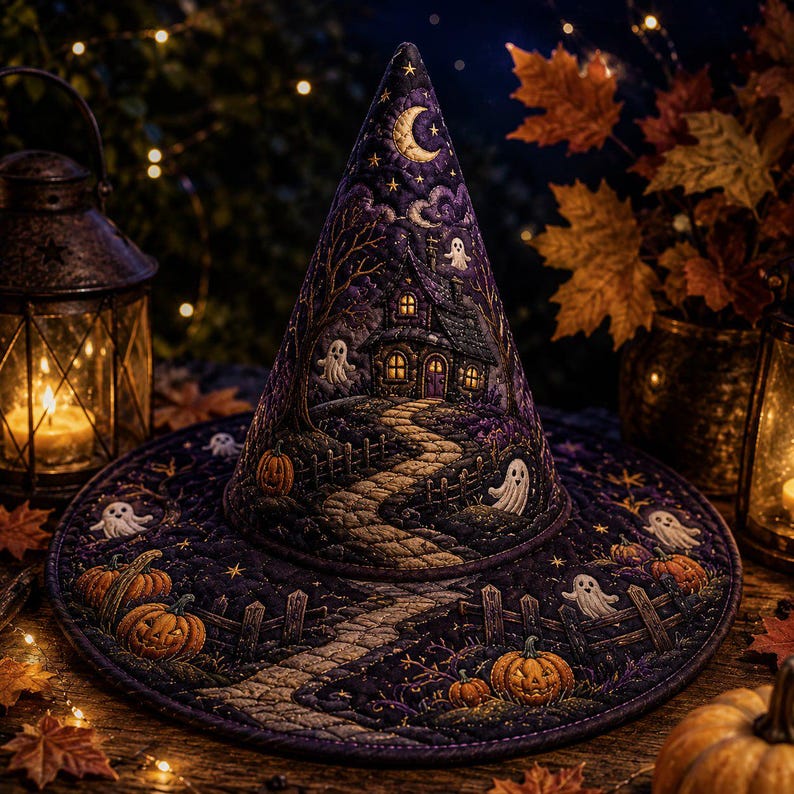 Halloween Quilted Witch Hat, Haunted House Ghost Pumpkin Fabric Hat, Spooky Fall Shelf Decor Centerpiece