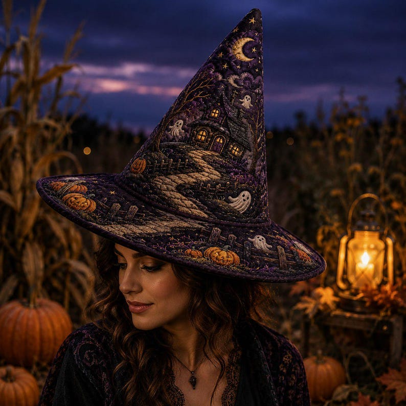 Halloween Quilted Witch Hat, Haunted House Ghost Pumpkin Fabric Hat, Spooky Fall Shelf Decor Centerpiece