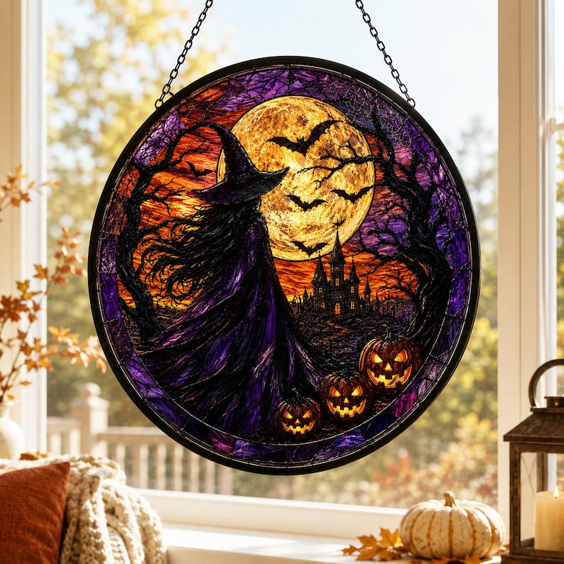 Witch and Moon Glass Suncatcher, Halloween Decor Gift