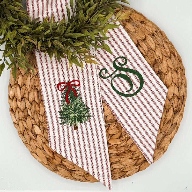 Personalized Christmas Tree Wreath Sash, Red Ticking Stripe Front Door Bow, Embroidered Holiday Decor